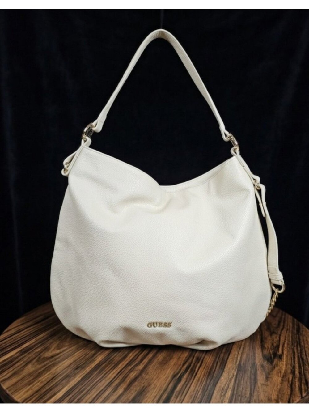 Guess Vegan Leather Cream/Off White Large Slouchy Hobo Shoulder Chain Strap Bag
